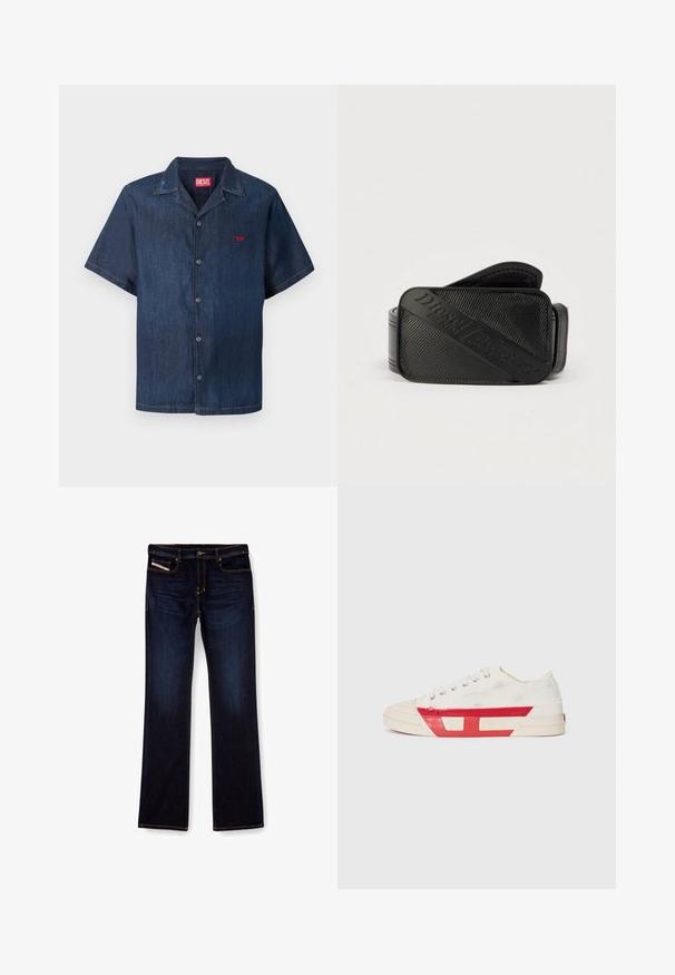 Camisa de mezclilla azul oscuro de manga corta con botones, cuello y pequeño logo rojo en el pecho izquierdo, de Diesel.; Jeans de mezclilla de color azul oscuro con corte recto, con costuras naranjas, cremallera en la bragueta y bolsillos delanteros. Textura suave y cinturilla estándar.; Zapatilla de lona con parte superior blanca, acentos de goma roja y un diseño texturizado. Presenta una puntera redonda y cinco ojetes para los cordones.; Cinturón negro con un diseño texturizado y un logotipo en relieve prominente. El material parece suave con un acabado similar al cuero.