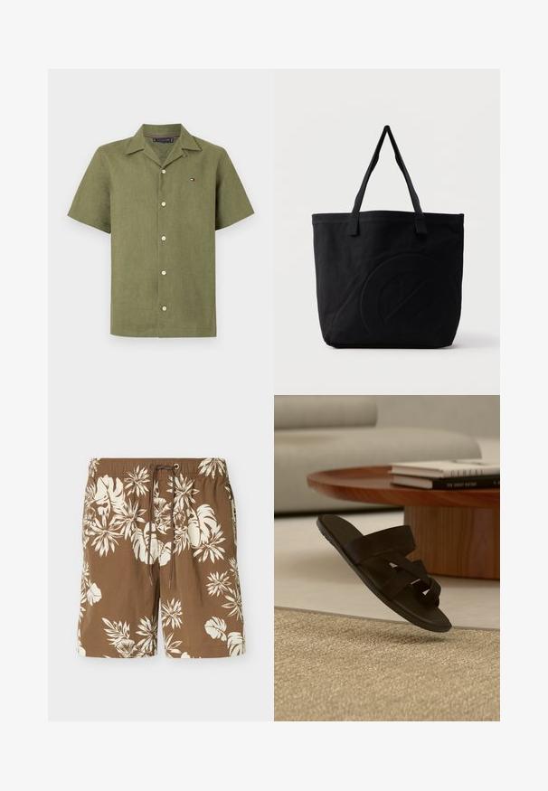 Chemise à manches courtes vert olive avec col campagnard et petit logo Tommy Hilfiger sur la poitrine gauche.; Short de bain marron avec imprimé floral tropical blanc et taille ajustable avec cordon.; Sandale noire à bout ouvert avec des brides croisées flottant au-dessus d’un tapis beige texturé dans un salon moderne.; Sac fourre-tout en toile noire avec deux bandoulières et un motif circulaire discret en relief sur le devant.