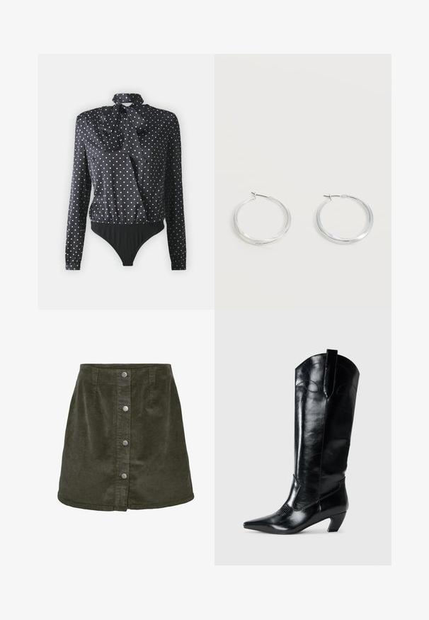 Bodysuit negro con mangas largas, escote con lazo y lunares blancos. La tela tiene una textura suave y brillante con detalles fruncidos.; Falda mini de pana en verde oscuro con forma de línea A, que cuenta con cinco cierres de botones plateados en la parte delantera y textura acanalada vertical.; Botas de cuero negras hasta la rodilla con punta afilada, tacón bajo y detalle de costura decorativa en los laterales. Acabado suave y brillante.; Pendientes de aro de metal plateado con superficie lisa y ligeramente curvada y cierre de tipo mosquetón sobre un fondo blanco liso.