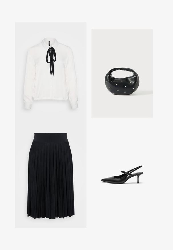 Blouse blanche à manches longues avec un nœud noir au col, dotée d'un boutonnage devant, d'un tissu doux et d'une coupe légèrement décontractée.; Jupe plissée noire avec une large taille, fabriquée à partir d'un matériau doux. Présente des plis verticaux pour une texture et un mouvement supplémentaires.; Talons aiguilles noires en cuir avec un bout pointu, une fine bride réglable, et un talon aiguille d'environ 5 cm, texture lisse.; Sac à main en cuir noir de forme arrondie, décoré de clous argentés et équipé d'une poignée courte. Texture lisse et fermeture éclair.