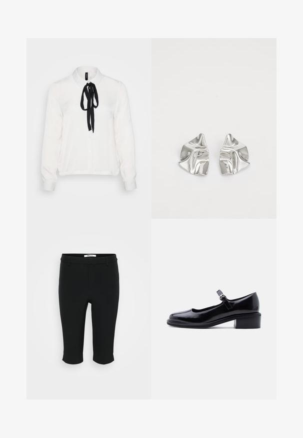 Blouse blanche à manches longues avec un nœud noir au col, dotée d'un boutonnage devant, d'un tissu doux et d'une coupe légèrement décontractée.; Pantalons capri noirs en tissu lisse. Dotés d'un devant plat avec passants de ceinture et d'un ourlet coupé. Design simple sans motifs visibles.; Chaussure Mary Jane en cuir verni noir avec petit talon carré et bride réglable à boucle, sur fond clair uni.; Boucles d'oreilles en métal argenté avec un design ondulé et sculptural, présentant une finition polie et des formes irrégulières, mettant en valeur une esthétique contemporaine.