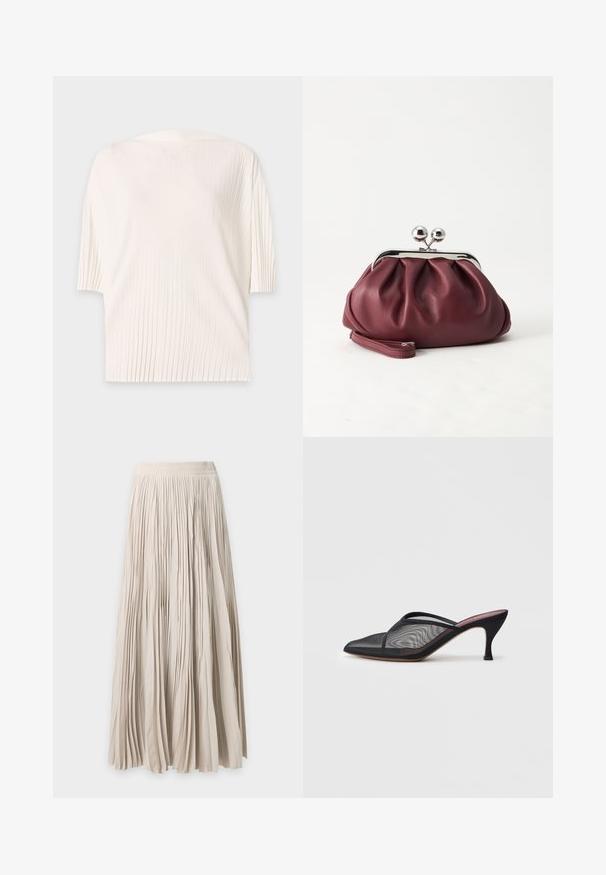 Haut blanc à manches courtes avec de fines plis verticaux et une coupe ample et décontractée sur un fond clair uni.; Longue jupe beige plissée avec taille élastique, tissu fluide et longueur complète.; Mule en mesh noir avec un bout pointu, de fines lanières et un talon stiletto de 3 pouces. Présente une texture transparente et une semelle tonale solide.; Petit sac pochette en cuir bordeaux avec fermoir métallique argenté et bracelet sur fond blanc.