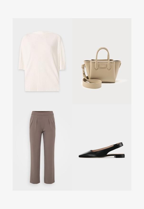 Witte top met korte mouwen, fijne verticale plooien en een losse, ontspannen pasvorm op een effen lichte achtergrond.; Taupe losvallende broek met elastische tailleband en voorplooien, gemaakt van zachte stof.; Zwarte leren slingback platte schoen met spitse neus en lage vierkante hak op een witte achtergrond.; Beige gestructureerde handtas met twee bovenhandvatten, een afneembare schouderriem en een rechthoekige logopatch aan de voorkant.