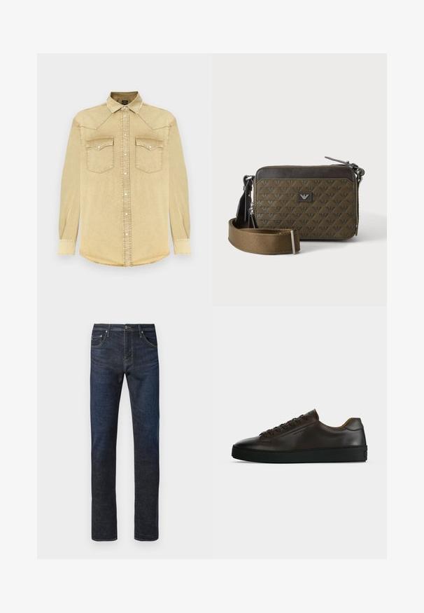 Hellbeiges Denimhemd mit langen Ärmeln, spitzem Kragen, zwei Brusttaschen und silbernen Druckknöpfen. Verfügt über einen abgerundeten Saum und gestickte Details.; Dunkelblaue gerade geschnittene Denim-Jeans mit vorderem Knopf, sichtbaren Nähten und einem Fünf-Taschen-Design auf weißem Hintergrund.; Flach geschnittener dunkelbrauner Ledersneaker mit schwarzer Gummisohle, Schnürung vorne und schlicht-minimalistischem Design auf hellem Hintergrund.; Kleine rechteckige braune Umhängetasche mit gemusterter Textur, Frontlogo-Patch, Reißverschluss und breitem verstellbarem Riemen.
