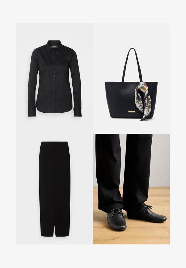 Mos Mosh TILDA SHIRT - Skjortebluser - black; Sort blyantskørt lavet af glat stof, med høj talje, to frontfoldninger og en slids i kanten for bedre bevægelsesfrihed.; Person iført sorte dress shoes og sorte bukser står på lys trægulv foran en ensfarvet baggrund.; Sort læder tote taske med to skulderremme, prydet med et blomsterprint silkeslør bundet om håndtaget og en metallisk logo detalje på forsiden.
