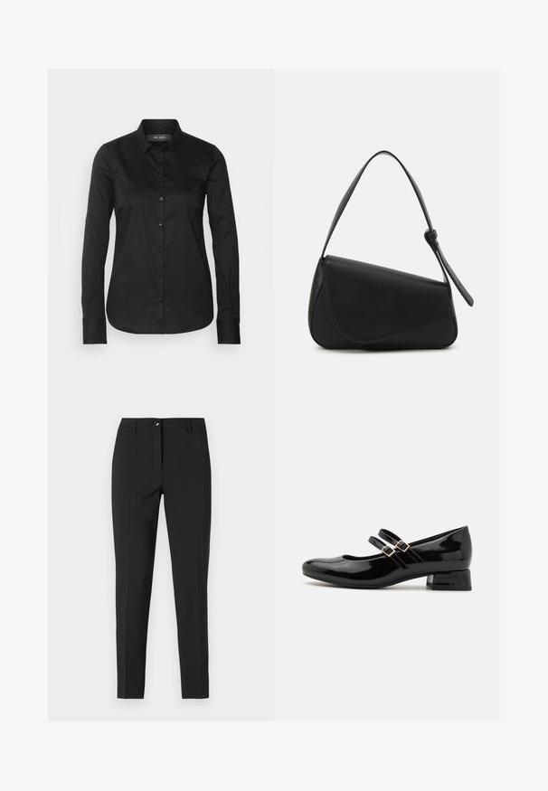 Mos Mosh TILDA SHIRT - Blusa - black; Pantalones negros ajustados de tela suave, con una cinturilla clásica, cremallera frontal y bolsillos laterales, todo en un diseño elegante y a medida.; Zapatos Mary Jane de charol negro presentan una punta redondeada, dos correas ajustables con hebilla y un tacón bajo tipo bloque. Textura suave, diseño minimalista.; Bolso de mano de cuero negro con forma triangular, tapa en ángulo y un asa superior redondeada. Presenta una textura suave y detalles de diseño minimalistas.