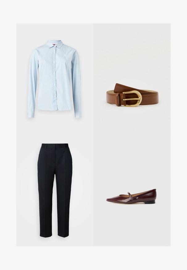 Chemise bleu clair à manches longues avec rayures blanches verticales, boutonnée à l'avant, col pointu et petit logo sur la poitrine.; Pantalon bleu marine sur mesure avec passants de ceinture, plis devant et coupe droite, présenté sur un fond blanc.; Chaussure plate en cuir verni bordeaux avec un bout pointu et une sangle décorative sur le cou-de-pied. Présente un petit talon noir.; Ceinture en cuir marron à texture lisse, équipée d'une boucle en métal doré et d'un design minimaliste. Se termine par une pointe arrondie.