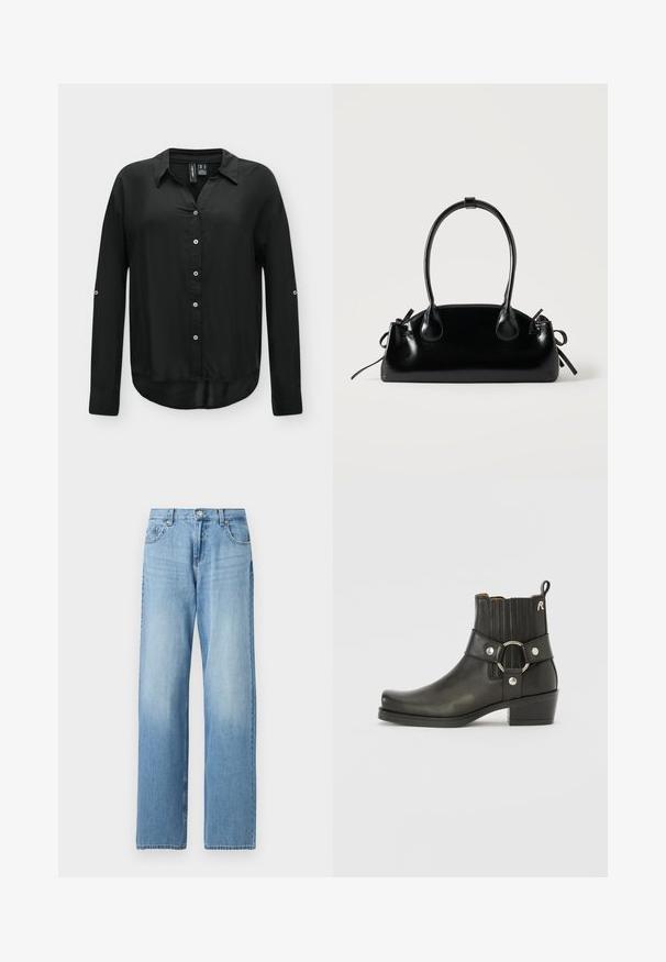 Zwart overhemd met lange mouwen, knopen, kraag, knopen aan de voorkant en knoopsluitingen op de mouwen, weergegeven op een effen achtergrond.; Lichtblauwe denim jeans met rechte pijpen, voorzien van een knoop- en ritssluiting aan de voorkant, riemlussen en zakken aan de voor- en achterkant.; Zwarte leren enkelboot met een ronde neus, ribbelige elastische zijkanten, een metallic ringaccent en een lage blokhak.; Kleine zwarte glanzende handtas met twee lange hengsels en zijkant trekkoord details op een effen lichte achtergrond.