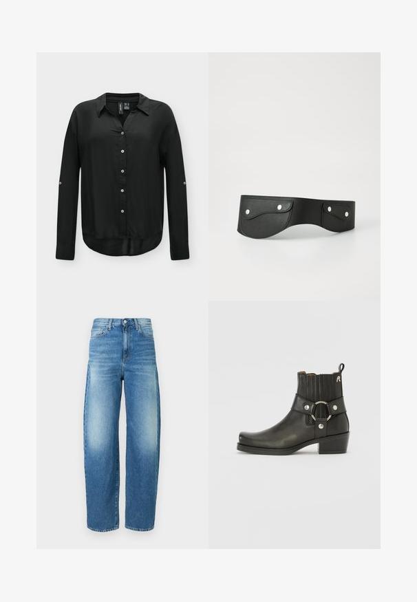 Camisa negra de manga larga con botones, cuello, botones delanteros y pestañas con botones en las mangas, mostrada sobre un fondo liso.; Jeans de denim azul claro con diseño de tiro alto y pierna ancha. Presentan un desgaste sutil, estilo clásico de cinco bolsillos y cierre de botones.; Botín de cuero negro con puntera redondeada, lados elásticos acanalados, un detalle en forma de anillo metálico y un tacón bajo cuadrado.; Cinturón de cuero negro con dos bolsillos redondeados, asegurados con botones a presión plateados. Textura suave, diseño ligeramente curvado.