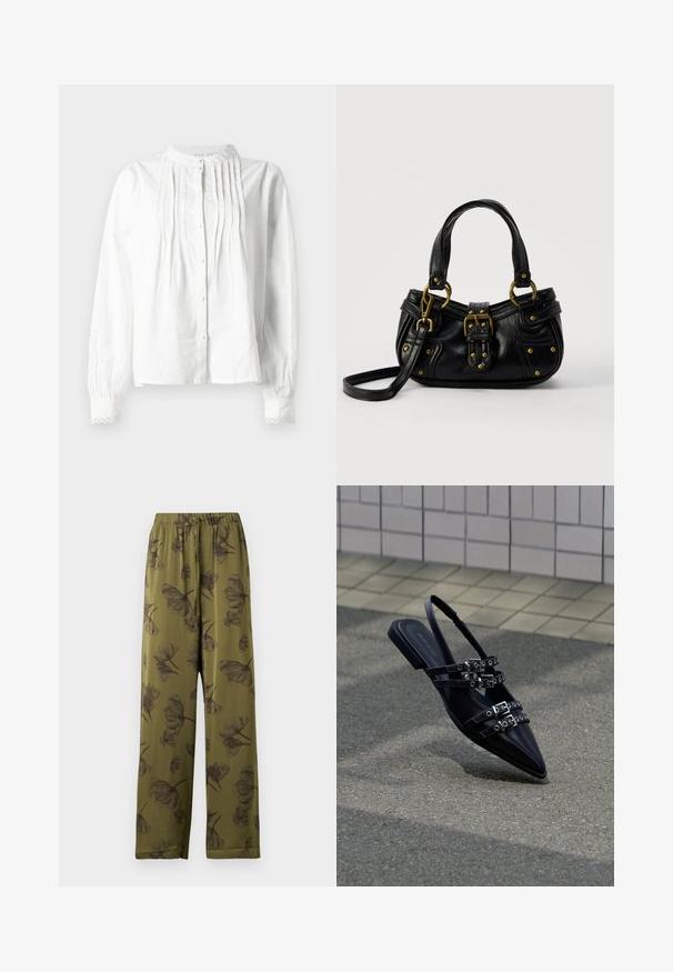 Witte blouse met lange mouwen en staande kraag, verticale plooien aan de voorkant, knoopsluiting en gekantte manchetten.; Olijfgroene wijde broek met elastische tailleband en zwart bloemenprint.; Zwarte sandaal met platte zool en spitse neus, voorzien van meerdere gespsluitingen en een slingback, geplaatst boven een verhard oppervlak en een tegelmuur op de achtergrond.; Zwarte leren handtas met gouden gesp en klinknagel details, korte handvatten en een verstelbare schouderriem op een effen witte achtergrond.