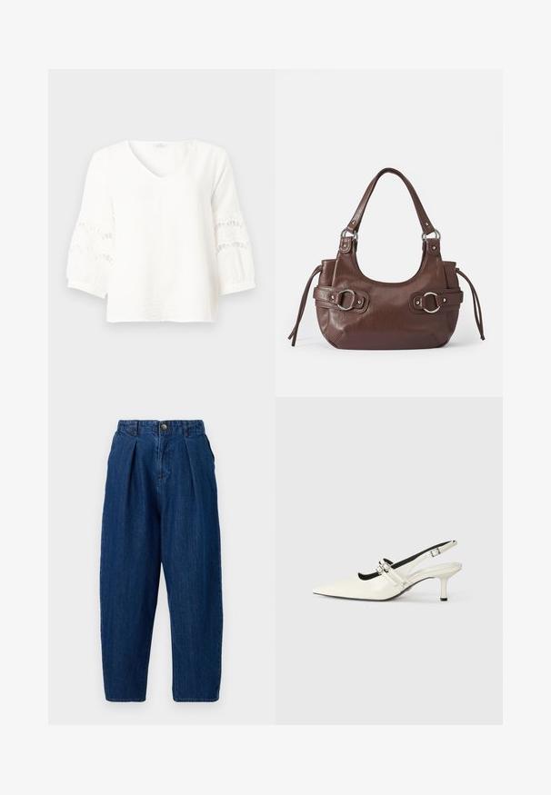 Witte blouse met lange mouwen, V-hals en kanten uitsnijdingen op de mouwen, weergegeven tegen een effen grijze achtergrond.; Donkerblauwe denimbroek met een ontspannen pasvorm, met plooien aan de voorkant, een knoopsluiting en taps toelopende pijpen.; Puntige slingback-schoen van glanzend wit leer met twee verstelbare gespbandjes en een 6 cm stilettohak.; Bruine leren handtas met ronde vorm, zilveren hardware, twee zijriemen en een gladde textuur. Beschikt over een enkele handgreep aan de bovenkant.