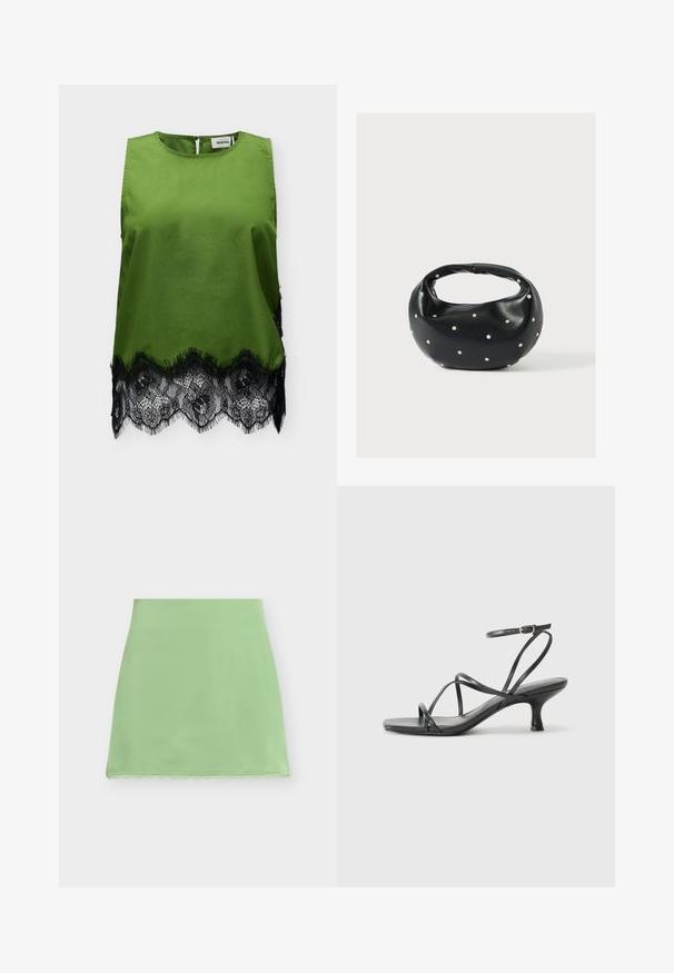 Haut sans manches en satin vert avec encolure ronde et bordure en dentelle florale noire à l'ourlet, avec une petite fermeture à bouton au dos.; Jupe longue jusqu'aux genoux de couleur vert clair, coupe droite avec une fine bordure en dentelle au bas, sur fond blanc.; Sandales noires à talons avec des fines lanières, un design ouvert à l'avant et un petit talon évasé. Le matériau semble lisse et brillant.; Sac à main en cuir noir de forme arrondie, décoré de clous argentés et équipé d'une poignée courte. Texture lisse et fermeture éclair.