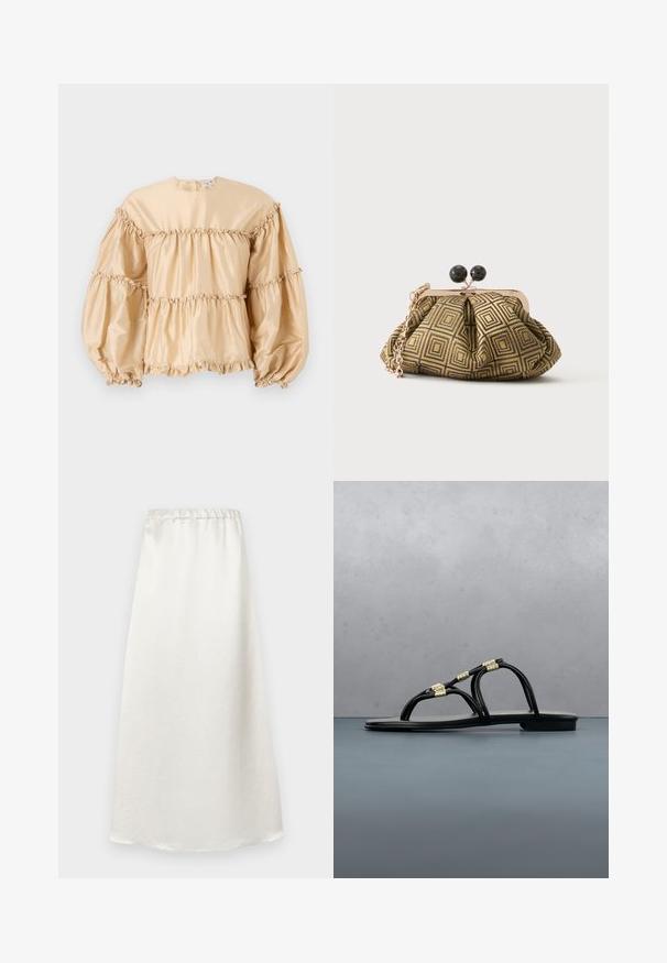 Blouse en satin beige avec des manches bouffantes, design en couches et détails froncés le long des coutures. Encolure ronde avec une fermeture dans le dos.; Jupe blanche longueur cheville en tissu lisse et léger, avec une taille froncée et une finition texturée subtile.; Sandale noire plate avec fines lanières et accents dorés, présentée en extérieur sur une surface en bois à motifs, avec un arrière-plan de verdure et un mur en béton.; Petite pochette avec motif géométrique doré et noir, cadre en métal doré, fermeture à boule noire et une courte chaîne dorée.