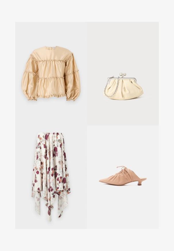 Beige satinbluse med puffede ærmer, lagdelt design og rynket detaljer langs sømmene. Rund halsudskæring med lukning bagpå.; Hvid nederdel med sjaldræk, dekoreret med maroon, grå og orange akvarel-blomsterprint, der har en elastisk talje.; Beige dames mule i læder med spids tå, rynket overdel, snøre og lav kittenhæl på hvid baggrund.; Plisseret beige læderclutch med en sølvmetalramme, der har to runde dekorative låse og en sølvkædetrasporte.