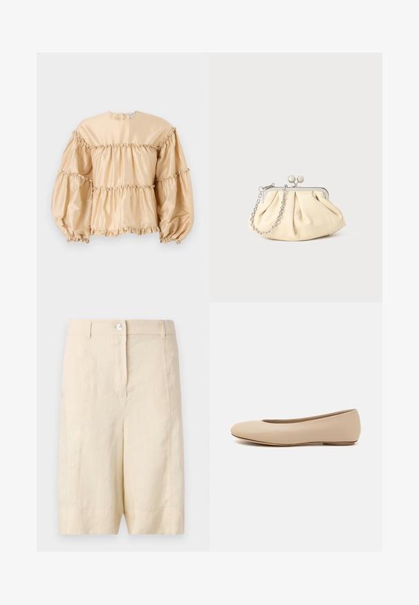 Beige satinbluse med puffede ærmer, lagdelt design og rynket detaljer langs sømmene. Rund halsudskæring med lukning bagpå.; Bebé linnedshorts med en glat tekstur, der har en frontknaplukning, skræddersyet design og en lige skæring ved kanten.; Beige læder balletflade med afrundet tå, minimal sømdetaljering, lav hæl og subtilt logo på bagsiden. Glat, mat tekstur.; Plisseret beige læderclutch med en sølvmetalramme, der har to runde dekorative låse og en sølvkædetrasporte.