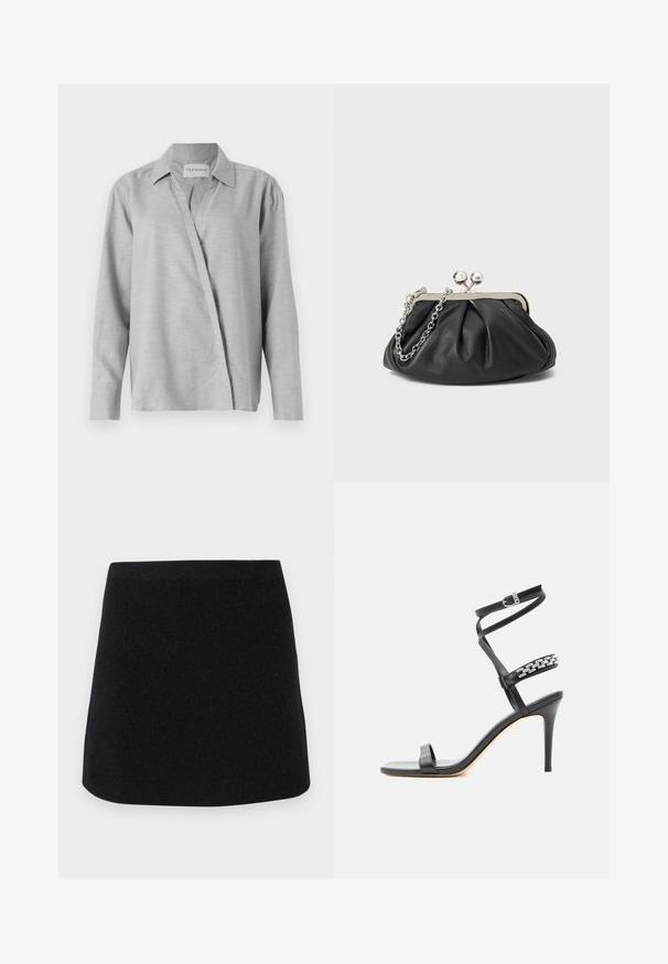 CLOSED ASYMMETRIC SHIRT - Πουκαμίσα με κουμπιά - light grey; CLOSED Φούστα σε γραμμή Α - black; Μαύρο σανδάλι με ψηλό τακούνι, λεπτό λουράκι στον αστράγαλο, λουράκι στη μέση του ποδιού διακοσμημένο με ασημένιες αλυσίδες και ανοιχτή μύτη.; Μαύρο δερμάτινο πορτοφολάκι με μα gathered υφή, μεταλλικό πλαίσιο σε ασημί απόχρωση, κλείσιμο τύπου kiss-lock και αλυσίδα. Λείο, απαλό επιφάνεια.