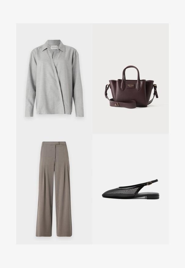 CLOSED ASYMMETRIC SHIRT - Paitapusero - light grey; Vaaleanruskeat leveälahkeiset housut, joissa on laskoksia, tasainen etuosa ja siisti helma. Sileä rakenne ja hillitty kiilto.; Musta slingback-tasapohjakengät, joissa on terävä kärki, verkkokangaspäällinen, säädettävä solkiremmi ja matala pino korko valkoisella taustalla.; Tummanruskea nahkainen käsilaukku, jossa on kahdet kahvat, säädettävä olkahihna ja kultainen logolaatta etuosan keskellä.
