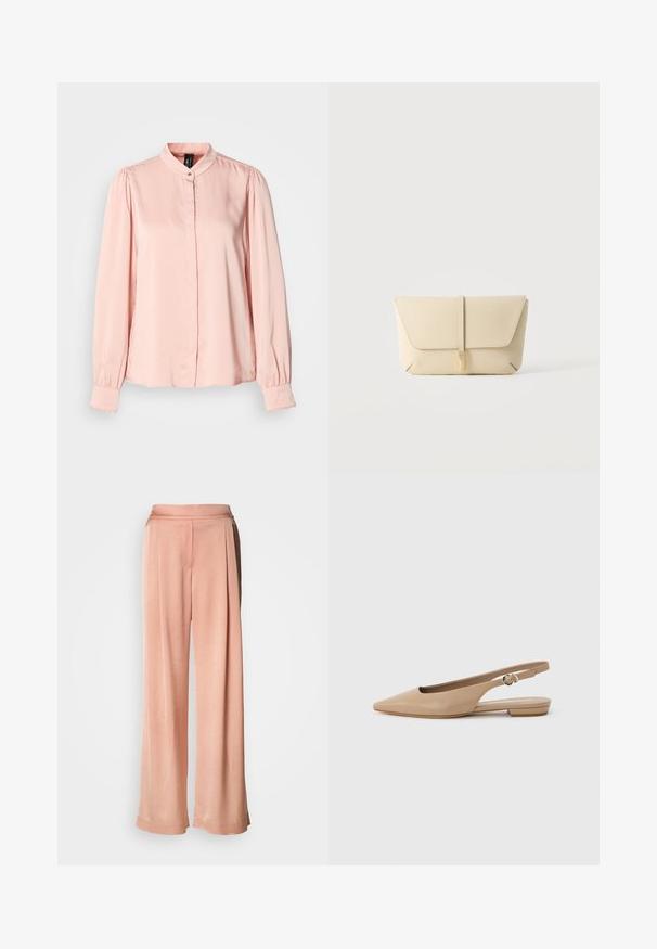 Blouse rose pâle en tissu lisse, avec un col mao, des manches longues à poignets élastiques et une fermeture par boutons.; Pantalon large rose pâle avec une texture lisse, présentant une taille haute et des plis subtils pour un détail de design supplémentaire.; Chaussure plate beige à bout pointu avec bride arrière et petit talon, équipée d'une sangle ajustable à boucle, sur un fond clair uni.; Pochette en cuir beige avec rabat avant et fermeture par sangle verticale, sur un fond clair uni.