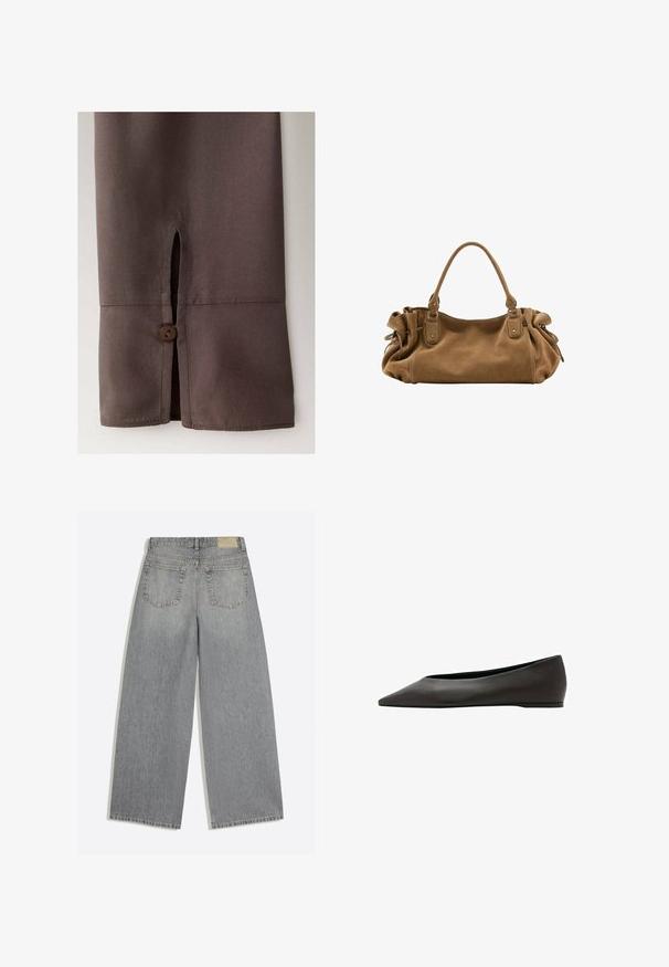 Manche en tissu marron avec une petite fente et un bouton marron assorti près du poignet sur un fond uni.; Jean en denim gris à jambes larges montrant l'arrière avec deux poches et des passants de ceinture, posé à plat sur fond blanc.; Chaussure plate noire à bout pointu avec un talon bas et une tige en cuir lisse, présentée de profil sur un fond blanc.; Sac à main en daim marron doux avec une poignée supérieure unique et des détails latéraux froncés maintenus par des sangles en cuir et des anneaux métalliques.