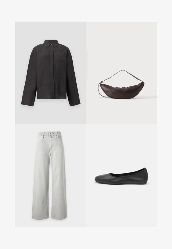 Chemise noire à manches longues avec boutons cachés, larges poignets et col pointu, présentée sur un fond uni.; Jean gris clair taille haute à jambes larges, avec poches avant, passants de ceinture et ceinture en tissu assortie avec boucle.; Ballerines en cuir noir avec un bout rond, texture lisse, détails de couture minimalistes et design de semelle flexible.; Sac d'épaule en cuir marron foncé en forme de croissant avec une lanière courbée et des coutures visibles sur fond uni.