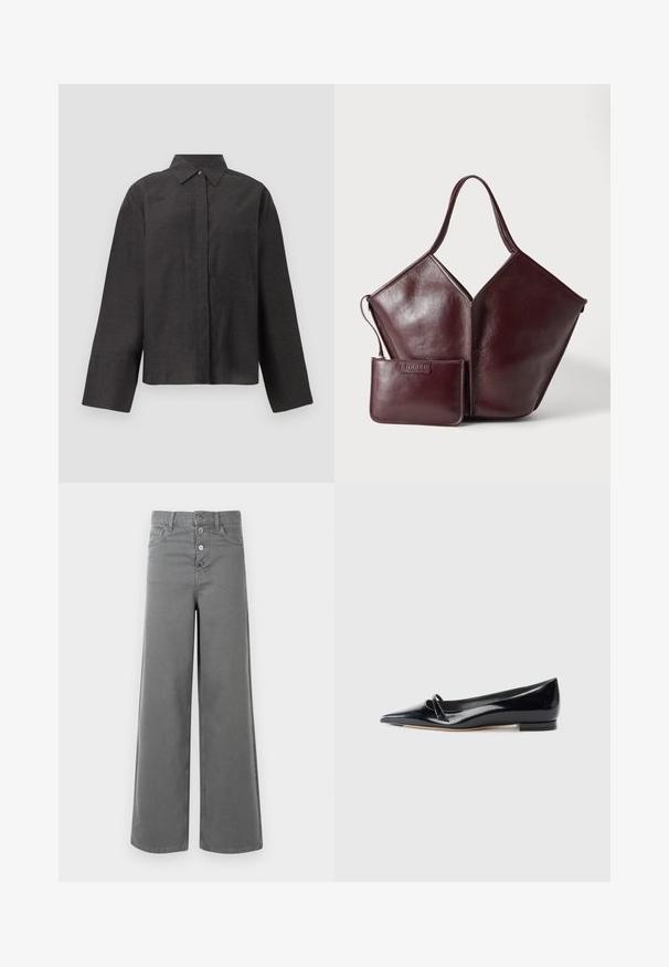 Chemise noire à manches longues avec boutons cachés, larges poignets et col pointu, présentée sur un fond uni.; Pantalons larges gris à taille haute, avec quatre boutons sur le devant, passants de ceinture et poches avant, présentés sur un fond blanc.; Chaussure plate en cuir verni noir avec un bout pointu, une petite lanière décorative et un petit talon carré. Texture lisse et design épuré.; Sac à main en cuir marron foncé avec une seule anse et une petite pochette zippée assortie placée devant sur un fond clair.