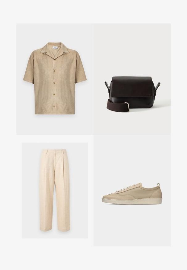 Chemise beige à manches courtes avec col ouvert, quatre boutons sur le devant et tissu doux texturé par Maison Kitsuné.; Pantalon en lin beige taille haute, coupe droite, avec passants de ceinture et un pli frontal sur un fond uni.; Baskets beige basses avec tige en tissu et daim, lacets blancs, semelle en caoutchouc et languette à l'arrière, présentées en profil latéral sur fond blanc.; Sac bandoulière en cuir marron foncé avec fermeture à rabat et sangle en tissu réglable sur fond blanc.