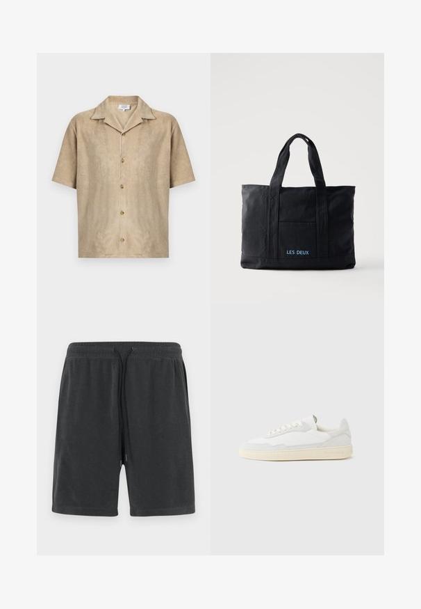 Chemise beige à manches courtes avec col ouvert, quatre boutons sur le devant et tissu doux texturé par Maison Kitsuné.; Shorts gris foncé en matériau doux, avec une taille élastique et un cordon de serrage aux embouts argentés. Design simple sans poches.; Baskets blanches avec dessus en daim et cuir texturé. Caractérisées par un bout arrondi, une fermeture à lacets et une semelle en caoutchouc beige contrastante.; Sac cabas en toile noire avec deux anses, poche avant et "LES DEUX" brodé en bleu sur la poche avant.