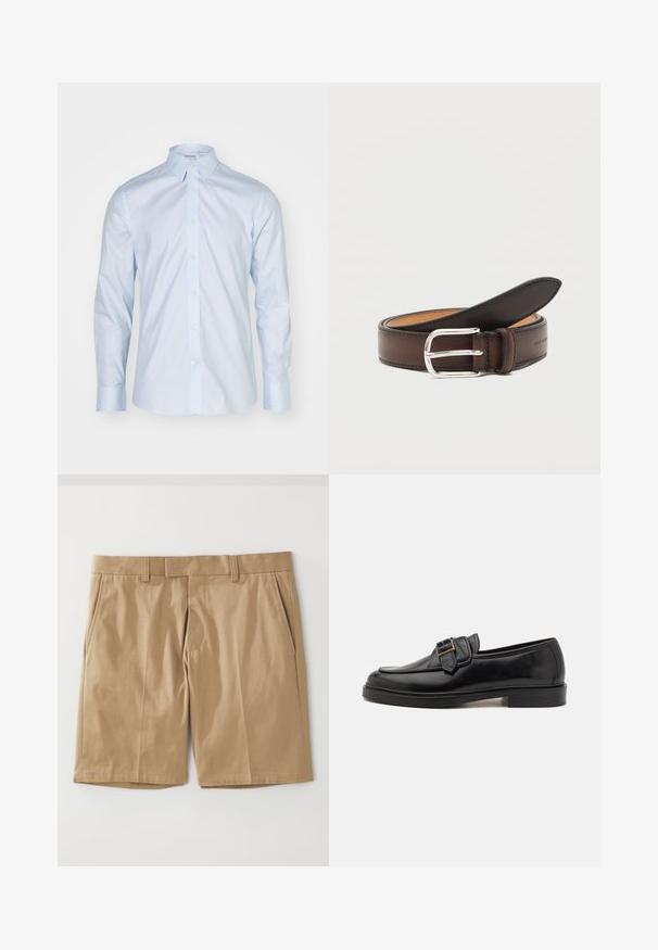 Lichtblauwe overhemd met lange mouwen, voorzien van een klassieke kraag, knoopsluiting en contrasterende knopen; gemaakt van gladde stof met een frisse afwerking.; Khaki shorts met een soepele, geweven textuur, voorzien van twee zijzakken en een rechte snit, ontworpen met een platte tailleband en riemlussen.; Zwarte leren instappers met een ronde neus en een decoratieve gesp. Platte, stevige hak en een gladde textuur overal.; Donkerbruine leren riem opgerold met zilveren rechthoekige gesp op een witte achtergrond.