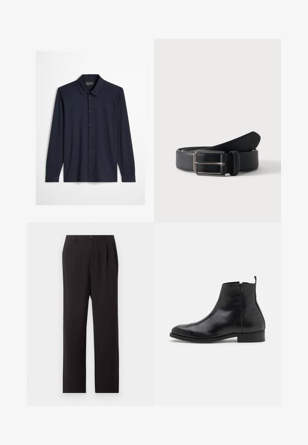 Chemise bleu marine foncé à manches longues avec col et logo brodé discret sur la poitrine gauche sur un fond clair.; Pantalon noir taille haute sur mesure avec plis, fermeture par boutons, passants de ceinture et jambes droites sur un fond clair uni.; Zign by Zalando LEATHER - Bottines - black; Ceinture en cuir noir roulée avec une boucle métallique argentée rectangulaire sur un fond clair uni.