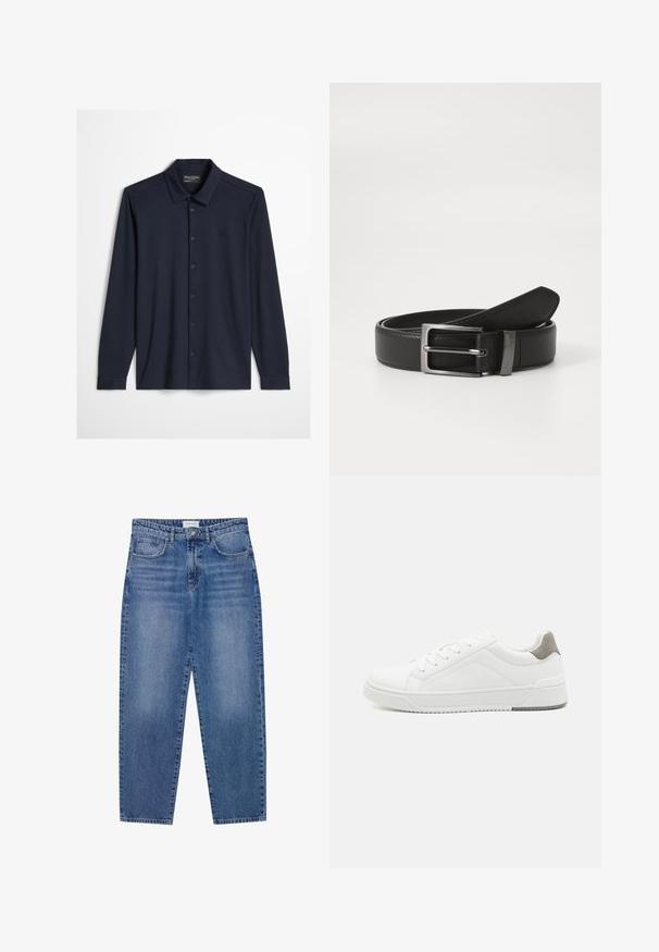 Mørk marineblå langærmet skjorte med knapper, krave og diskret broderet logo på venstre bryst mod en lys baggrund.; Blå denim jeans med høj talje, lige ben design og slidte finish. Har fem lommer og en knaplukning.; Hvid sneaker lavet af glat læder, rund tå, minimalistisk design, grå hælafsats og tekstureret gummisål.; Sort læderbælte med en sølvmetal spænde, der har en glat overflade og et klassisk design. Bæltet er pænt foldet.