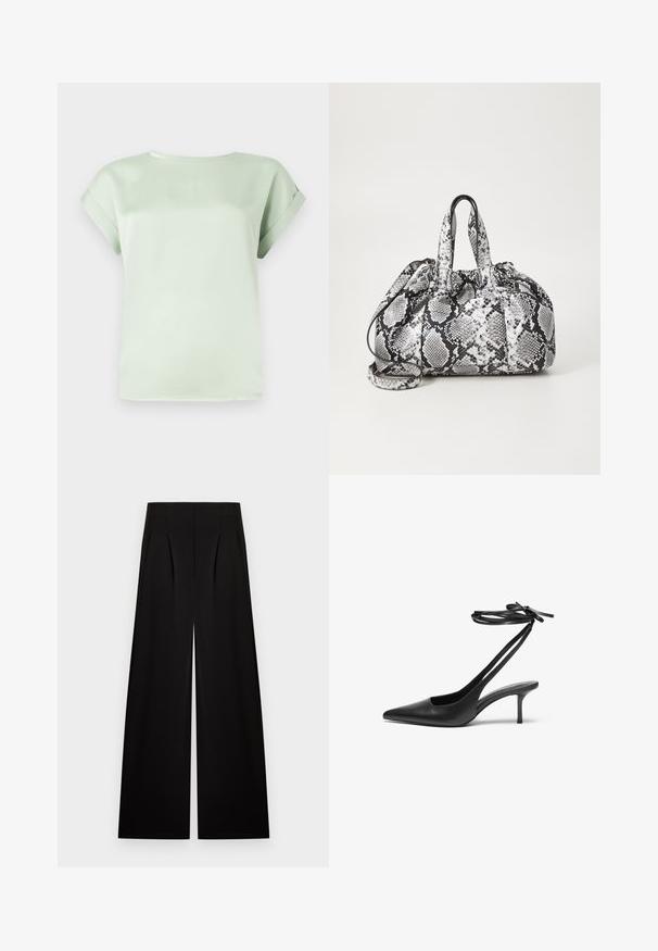 Lichtgroene korte mouw blouse met omgeslagen mouwen en een ronde hals, plat gelegd tegen een witte achtergrond.; Zwarte wijde broek met hoge taille en voorplooien, plat liggend op een lichte achtergrond.; Zwarte leren stiletto-schoen met een spitse neus, open achterkant en enkelschoentjes die in een strik zijn geknoopt. Slanke 3-inch hak. Glad textuur, minimalistisch ontwerp.; Zwart-wit handtas met slangenhuidpatroon, voorzien van twee handvaten, een trekkoordsluiting en een afneembare schouderriem. Hanteert een gladde textuur.