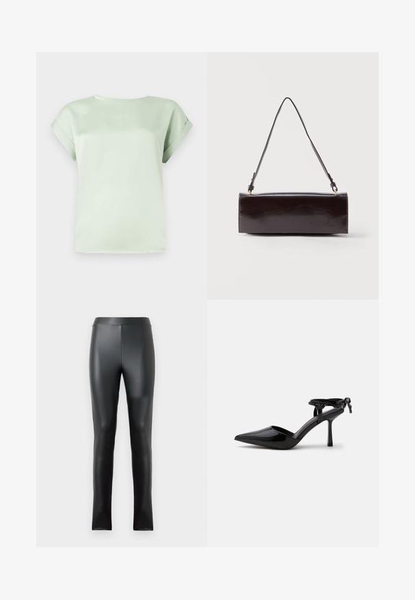 Blouse vert clair à manches courtes avec manches retroussées et encolure ronde, présentée à plat sur un fond blanc.; Leggings noirs en matériau lisse et brillant, dotés d'une taille haute et d'une coupe ajustée. Aucune couture ni embellissement visibles.; Chaussure à talon haut en cuir verni noir avec bout pointu et bride de cheville nouée à l'arrière, présentée sur un fond blanc uni.; Sac à main rectangulaire en cuir noir avec une longue bandoulière unique et une finition brillante, présenté sur un fond blanc uni.