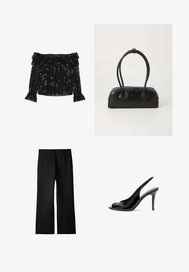 Sort off-the-shoulder bluse med flæser ved halsudskæringen og manchetterne. Har gyldne blomsterdesigns overalt på det lette stof.; Sorte bukser med bred ben, lavet af glat, letvægts stof; har frontfolder og en lige silhuet. Afsluttet med en ren kant.; Sort laklæderslynge med høje hæle, spids tå og tynd stilethæl på hvid baggrund.; Sort læder håndtaske med to langstrakte håndtag, lynlåslukning og afrundet form; glat tekstur med en subtil blank finish.