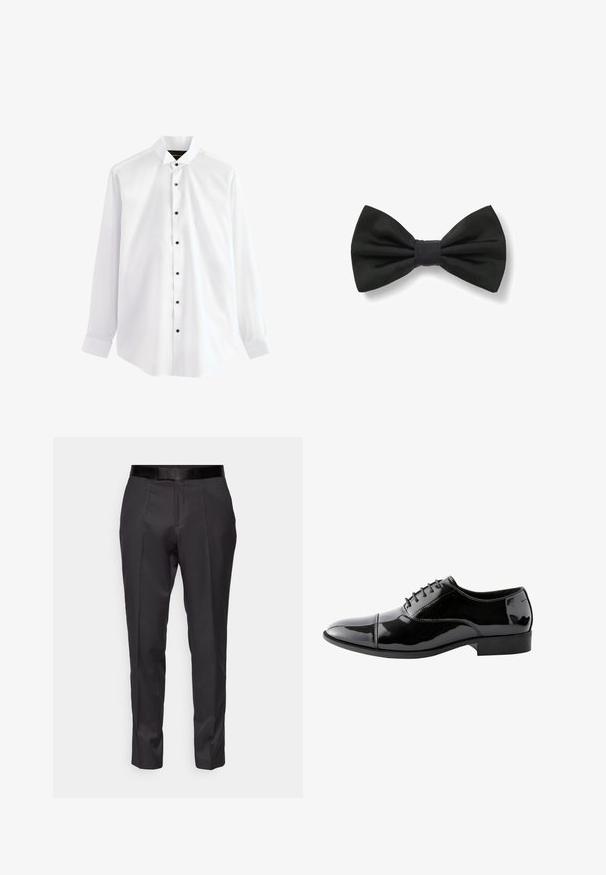 Camisa blanca de vestir de manga larga con botones negros, cuello puntiagudo y puños abotonados, exhibida sobre un fondo liso.; Pantalones negros ajustados con un corte slim, frente plano y un brillo sutil. Presentan una cinturilla negra suave y detalles de pliegue a lo largo de las piernas.; Zapato oxford de cuero negro brillante con puntera, cordones cerrados y tacón bajo, mostrado de perfil sobre fondo blanco.; Pajarita de tela negra con forma simétrica y un nudo central, mostrada sobre un fondo blanco liso.