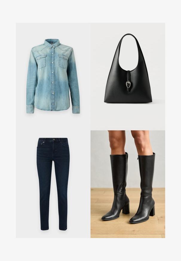 Hellblaue Jeanshemd mit langen Ärmeln, spitzem Kragen, zwei Brusttaschen und Knopfverschluss. Besitzt einen verblassten und strukturierten Stoff.; Dunkelblaue Jeans mit schmaler Passform, ausgestattet mit einem Fünf-Taschen-Design, Knopfverschluss und dezenten Nähdetails. Glatte Textur über die gesamte Fläche.; Schwarze Leder-Stiefel bis zum Knie mit quadrater Zehenform, hohem Blockabsatz und seitlichem Reißverschluss, vor einem Hintergrund aus Holzboden.; Schwarze Lederhandtasche mit einem einzelnen Griff und einem Verschlussriemen mit silberner Schnalle vor weißem Hintergrund.