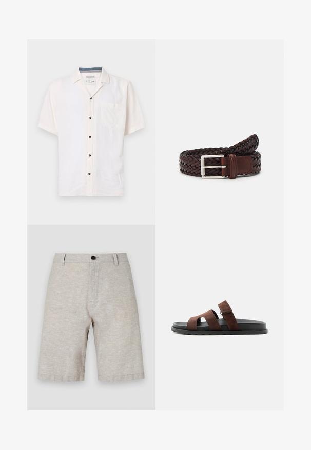 Chemise à manches courtes en tissu léger, de couleur blanc cassé, avec une poche sur la poitrine et des boutons noirs le long de la patte de boutonnage.; Shorts en lin beige avec une texture lisse, dotés d'une fermeture à bouton unique, de passants de ceinture et d'une coupe droite qui arrive à mi-cuisse.; Sandale en daim marron avec trois brides sur une semelle noire, une bride comportant une fermeture Velcro pour un ajustement réglable.; Ceinture en cuir tressé marron avec une boucle en argent. Elle présente une texture tissée et un accent en cuir lisse près de la boucle.