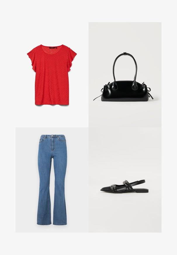 Blusa roja de manga corta con detalles de encaje calado en patrón de diamantes y escote redondo, mostrada sobre un fondo blanco.; Vaqueros de campana azules hechos de denim, con una cintura alta, costuras en contraste y un cierre de botón único en la parte frontal.; Even&Odd by Zalando Bailarinas con tira trasera - black; Pequeño bolso negro brillante con dos asas largas y detalles de cordón lateral sobre un fondo claro liso.