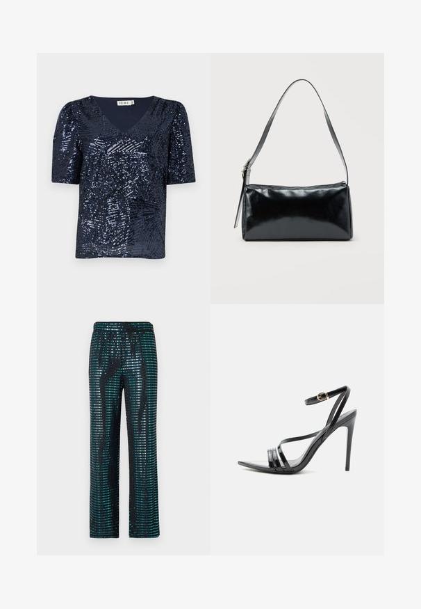 Haut à col en V à manches courtes bleu marine, recouvert de sequins avec un motif texturé, présentant une coupe ample et des manches légèrement bouffantes.; Pantalons noirs ornés de motifs en sequins turquoise et argent, avec une coupe large et une taille élastique.; Sandale noire à talon haut avec de fines brides sur les orteils et la cheville, avec une boucle dorée sur un talon aiguille élancé.; Sac d'épaule rectangulaire noir avec une sangle réglable unique et une fermeture éclair supérieure sur un fond uni.