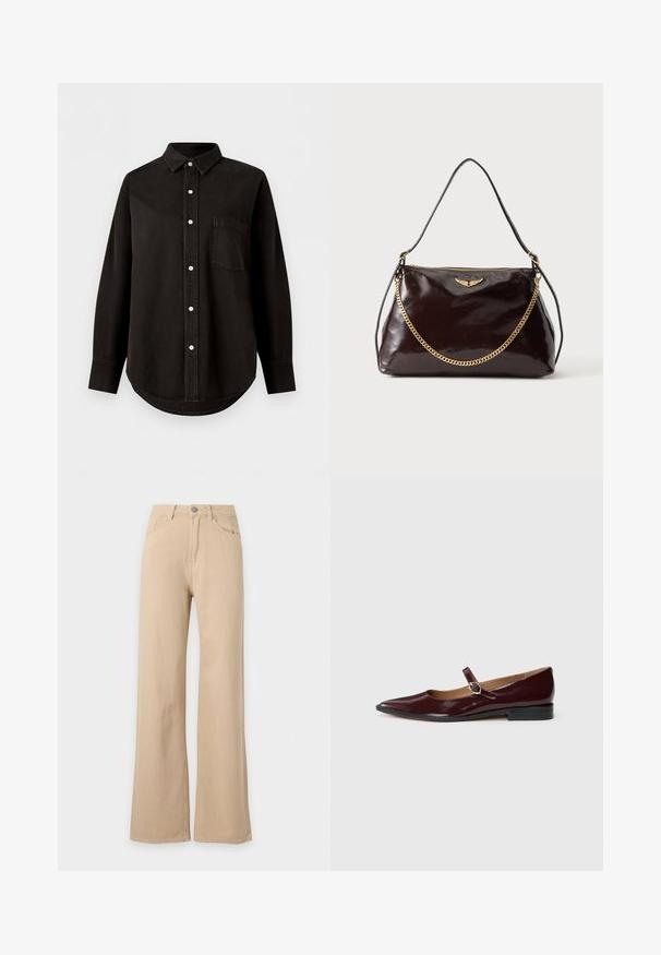 Chemise noire à manches longues avec boutons, col et poche poitrine, présentée sur fond blanc uni.; Pantalon beige taille haute, jambes larges, fermeture à boutons devant, poches avant et arrière, présenté sur fond blanc.; Ballerines en cuir verni bordeaux de type Mary Jane avec un bout pointu, un talon plat et une sangle décorative avec une boucle circulaire.; Sac à main en cuir brillant marron foncé avec un emblème en forme d'aile dorée, détail de chaîne dorée et une fine bandoulière en cuir sur un fond uni.