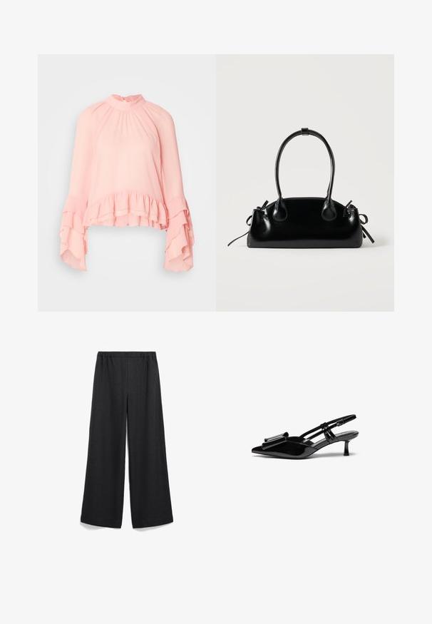 Helle rosa Bluse aus weichem Stoff, mit hohem Kragen, langen Rüschensäumen und einem gestuften, gerüschten Saum.; Weiter Schnitt, schwarze Hose mit elastischem Bund. Hergestellt aus leichtem Stoff, mit glatter Textur und ohne sichtbare Muster oder Akzente.; Schwarze Lackleder-Slingbacks mit spitzer Zehenpartie, einer Schleifendetail an der Vorderseite und einem kleinen Stiletto-Absatz. Die Riemen haben verstellbare Schnallen.; Kleine schwarze glänzende Handtasche mit zwei langen Griffen und seitlichen Kordelzug-Details vor einfachem hellem Hintergrund.