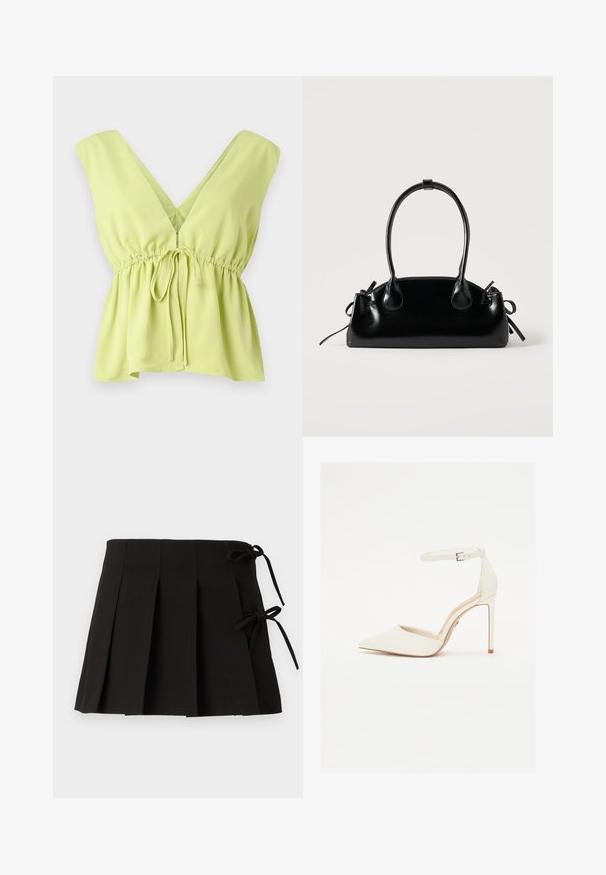 Blouse sans manches vert clair avec un décolleté en V profond, taille froncée et détail à nouer. Confectionnée dans un tissu lisse et léger.; Jupe plissée noire avec des liens sur les côtés, fabriquée dans un tissu à la texture lisse ; elle présente un design structuré et des lignes épurées.; Chaussure à talons hauts blanche en cuir avec un bout pointu et une fine bride de cheville. Dotée d'un talon aiguille et d'un design minimaliste.; Petit sac à main noir brillant avec deux longues anses et des détails à cordon sur les côtés sur un fond clair uni.
