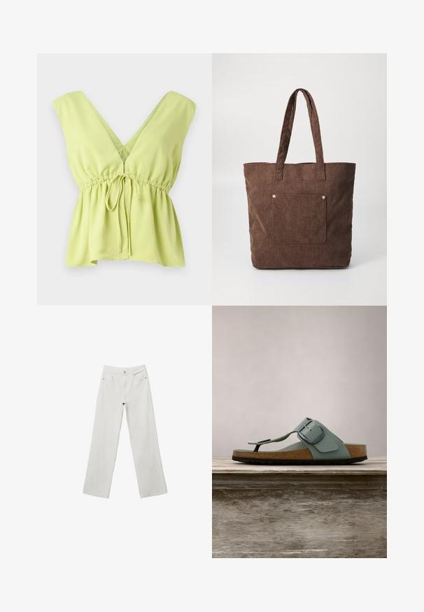 Blouse sans manches vert clair avec un décolleté en V profond, taille froncée et détail à nouer. Confectionnée dans un tissu lisse et léger.; Jeans en denim blanc à jambes larges avec taille haute, design à cinq poches et coutures ton sur ton. Braguette à bouton et zipper. Texture lisse.; Sandales grises et brunes avec une bride et une boucle en métal, dotées d'une semelle moulée et d'une semelle texturée, présentées sur une surface en bois.; Sac fourre-tout en velours côtelé marron avec deux poignées, une poche avant et des accents en matériel doré. Une forme rectangulaire simple avec un tissu texturé.