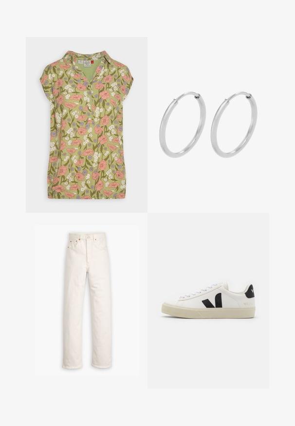 Ragwear CHERRIE - Bluse - light green; Weiße Denim-Jeans mit geradem Bein, im Fünf-Taschen-Stil und mit kupferfarbenen Hardware-Details. Rohschnitt an den Knöcheln.; Weißes Leder-Sneaker mit schwarzem Gummi-V-Logo. Strukturierte cremefarbene Sohle, weiße Schnürsenkel und Fersendetail in Schwarz mit dem Markennamen.; Silberne Creolen, kreisförmig, mit glatter, glänzender Oberfläche und gleichbleibender Breite. Minimalistisches Design ohne zusätzliche Akzente.