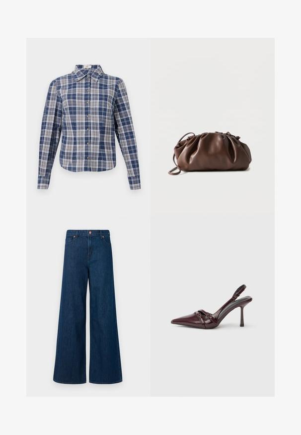 Chemise à manches longues à carreaux bleu et blanc avec un col et des boutons marron, présentée à plat sur un fond blanc.; Jeans en denim bleu à jambe large avec fermeture à bouton sur le devant, passants de ceinture et design à cinq poches sur un fond blanc.; Escarpin slingback en cuir verni bordeaux avec bout pointu, fine bride à la cheville et petit détail décoratif de boucle. Texture lisse et talon haut.; Sacoche en cuir marron doux avec un haut froncé et une fine bandoulière, posée sur un fond blanc.