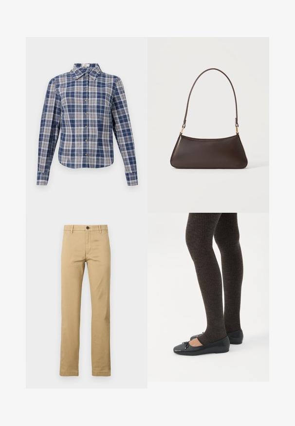 Chemise à manches longues à carreaux bleu et blanc avec un col et des boutons marron, présentée à plat sur un fond blanc.; Chinos khaki en coton, avec une coupe droite, deux poches avant, une fermeture à bouton unique et des passants de ceinture, avec une texture lisse.; Jambes portant des leggings côtelés foncés associés à des ballerines noires avec de petits détails en nœud sur fond blanc.; Sac à main en cuir marron foncé avec une fermeture éclair incurvée en haut et une fine bandoulière avec des fermoirs dorés sur un fond uni.