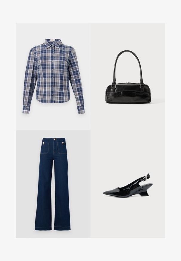 Blau-weißer Karo-Hemd mit langen Ärmeln, Kragen und braunen Knöpfen, flach auf einem weißen Hintergrund präsentiert.; Dunkelblaue, weit geschnittene Jeans mit hoher Taille, goldenen Knopf-Akzenten, zwei Taschen vorne und hinten sowie kontrastierenden Nähdetails. Texturiertem Denim-Stoff.; Schwarzer Slingback-Schuh aus Lackleder mit spitzer Spitze und niedrigem, schrägem Blockabsatz auf einfachem hellem Hintergrund.; Schwarze Lederhandtasche in rechteckiger Form, mit einem stabilen Griff, silbernem Zubehör und Reißverschluss. Glatte Textur.