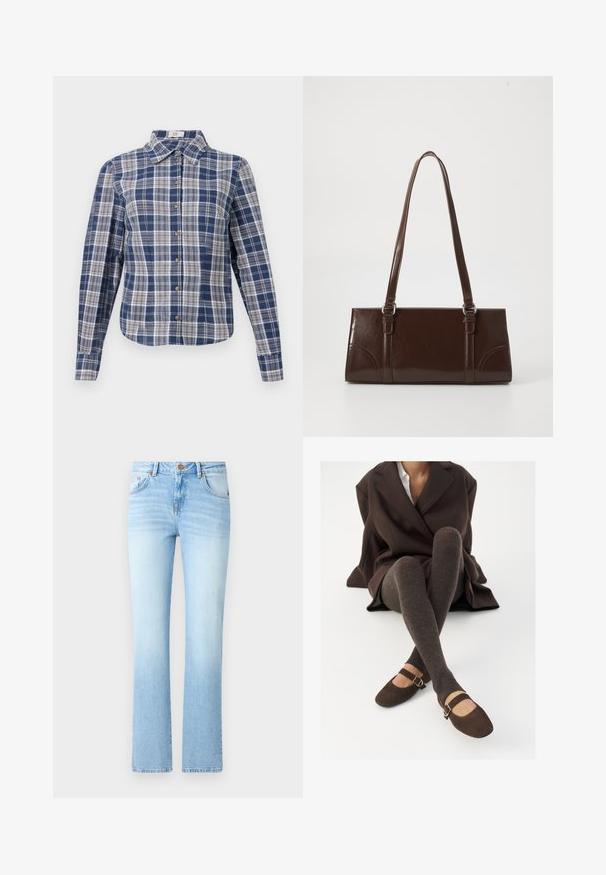 Blauw-wit geruite langemouw hemden met een kraag en bruine knopen, plat weergegeven op een witte achtergrond.; Lichtblauwe denim jeans met een uitlopende silhouette, voorzien van een knoopsluiting, vijf zakken en een lichte vervaging.; Bruine geribbelde kniekousen gecombineerd met bruine suède Mary Jane-flats met een decoratieve strap en gesp, gedragen met een donkere jas.; Bruine lakleren handtas met een rechthoekige vorm, twee lange handvatten en subtiele gebogen accenten aan de voorkant.