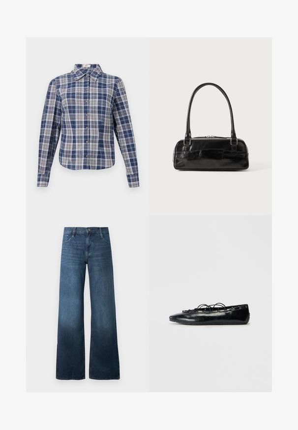 Blau-weißer Karo-Hemd mit langen Ärmeln, Kragen und braunen Knöpfen, flach auf einem weißen Hintergrund präsentiert.; Dunkelblaue Schlagjeans aus Denim, mit hoher Taille, fünftaschen Design und subtiler Ausbleichung am Saum. Standard Knopfverschluss.; Schwarze spitz zulaufende flache Schuhe mit Schnürung und Ösen entlang der Kanten, vor einem weißen Hintergrund präsentiert.; Schwarze Lederhandtasche in rechteckiger Form, mit einem stabilen Griff, silbernem Zubehör und Reißverschluss. Glatte Textur.