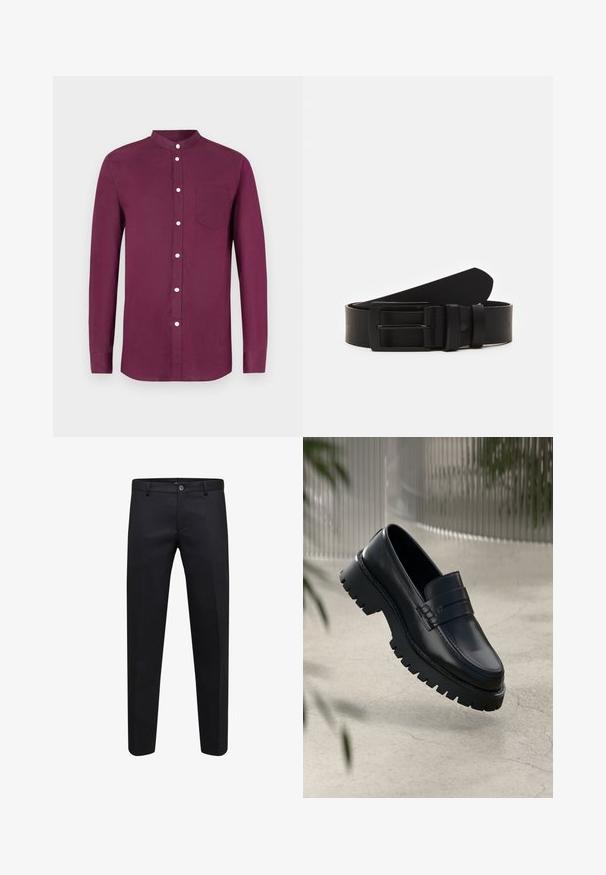 Chemise à manches longues en bordeaux profond, avec col officier, fermeture à boutons sur le devant, poche poitrine et texture douce en coton.; Pantalon formel noir avec boutonnière et fermeture éclair, coupe droite et passants de ceinture, présenté sur fond blanc.; Mocassins en cuir noir avec une semelle à crampons épaisse, dotés d'une sangle décorative et de détails de couture. Texture lisse avec une finition polie.; Ceinture en cuir noir roulée avec une boucle en métal rectangulaire noir mat et deux passants sur fond blanc.