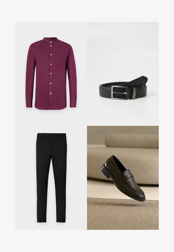 Chemise à manches longues en bordeaux profond, avec col officier, fermeture à boutons sur le devant, poche poitrine et texture douce en coton.; Pantalon noir ajusté avec une texture lisse, fermeture par bouton, passants pour ceinture, sans motifs ni accents visibles.; Chaussure loafer en cuir noir reposant sur un tapis beige avec un canapé beige courbé en arrière-plan.; Ceinture en cuir noir avec une boucle en métal argenté, présentant une finition lisse et un design classique. La ceinture est soigneusement pliée.